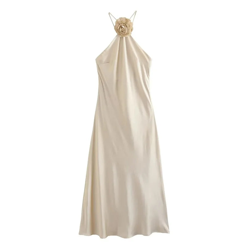 Beige Midi Women Dress Halter Backless Lace-Up Floral Lady Dress New in 2024 Summer Fashion Elegant Evening Women Dress