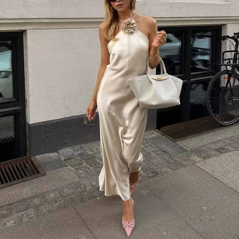 Beige Midi Women Dress Halter Backless Lace-Up Floral Lady Dress New in 2024 Summer Fashion Elegant Evening Women Dress