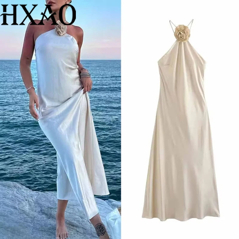 Beige Midi Women Dress Halter Backless Lace-Up Floral Lady Dress New in 2024 Summer Fashion Elegant Evening Women Dress