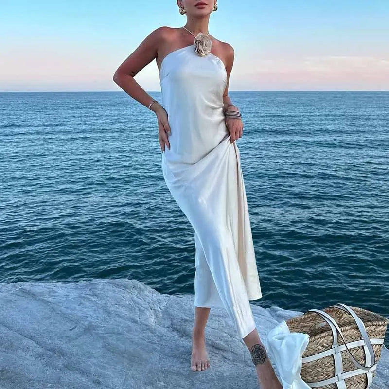 Beige Midi Women Dress Halter Backless Lace-Up Floral Lady Dress New in 2024 Summer Fashion Elegant Evening Women Dress