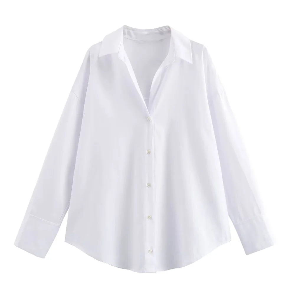 2024 Summer New Women'S Wear European and American Style Fashion Versatile Solid Color Long Sleeved Oxford Shirt
