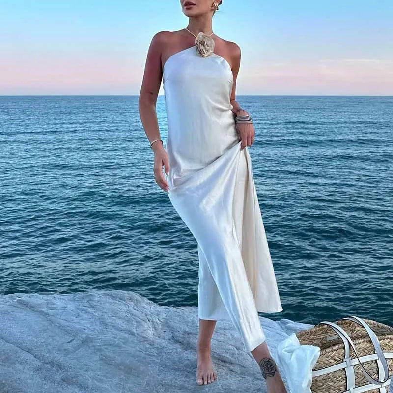 Beige Midi Women Dress Halter Backless Lace-Up Floral Lady Dress New in 2024 Summer Fashion Elegant Evening Women Dress
