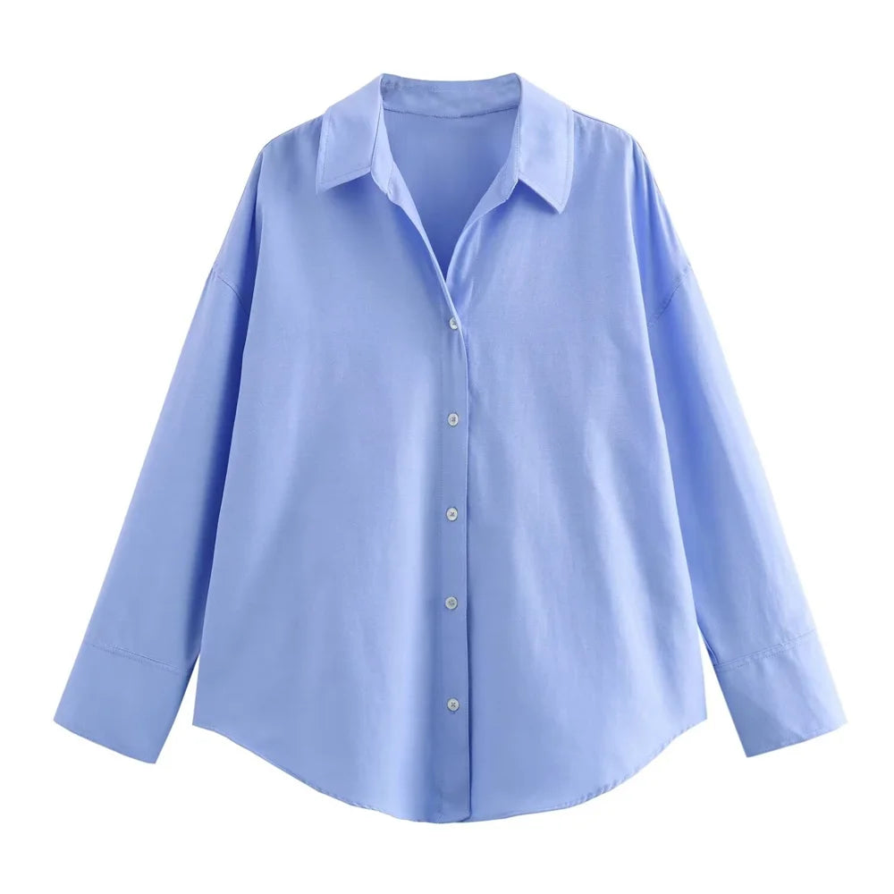 2024 Summer New Women'S Wear European and American Style Fashion Versatile Solid Color Long Sleeved Oxford Shirt
