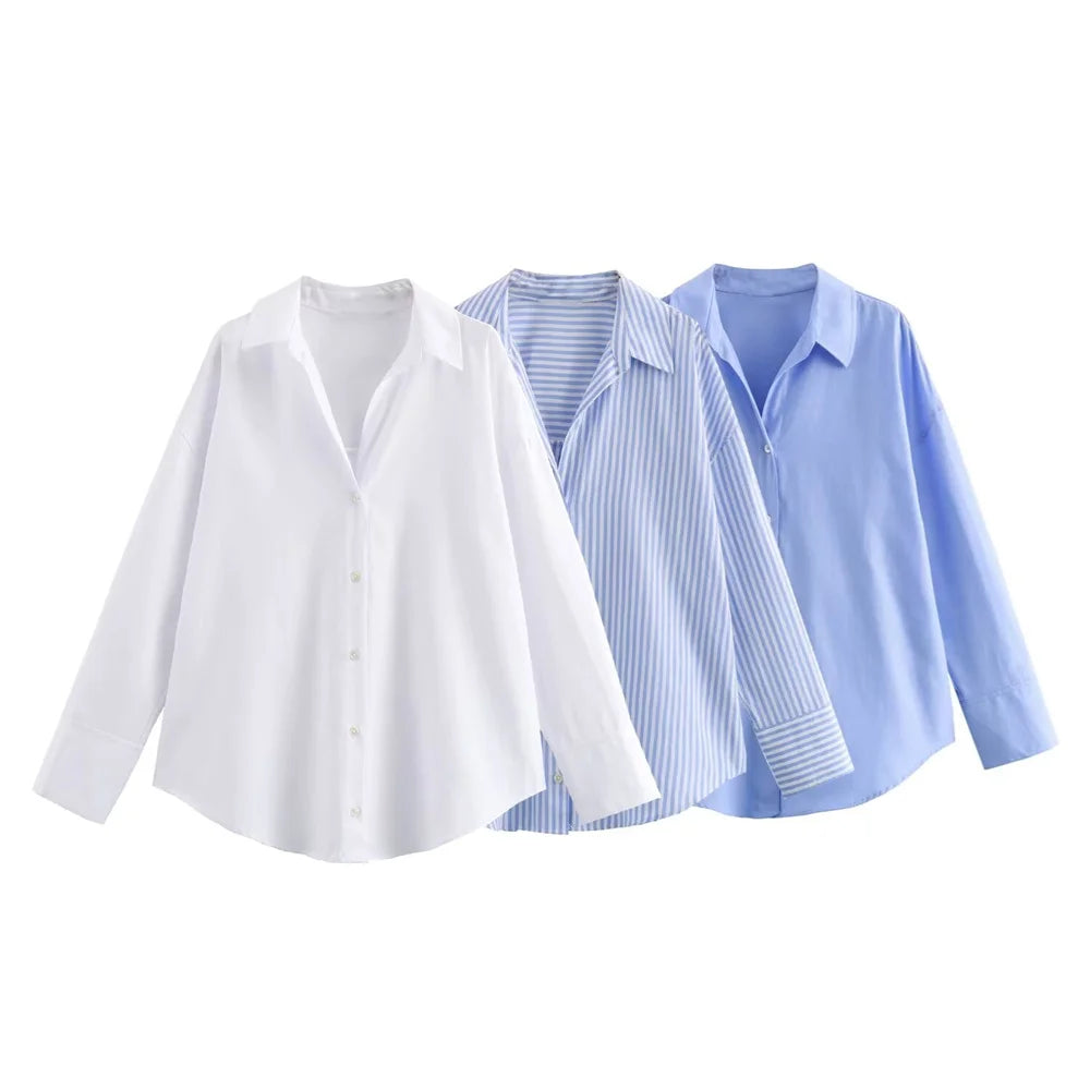 2024 Summer New Women'S Wear European and American Style Fashion Versatile Solid Color Long Sleeved Oxford Shirt